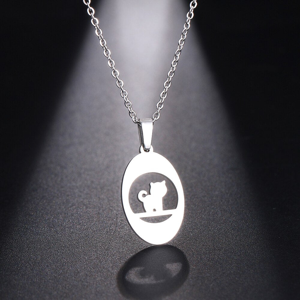 CACANA Stainless Steel Necklace For Women Man Thinking Cat Pendant Choker Necklace Engagement Jewelry