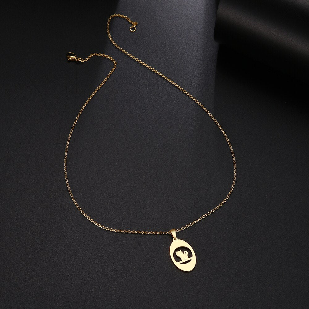 CACANA Stainless Steel Necklace For Women Man Thinking Cat Pendant Choker Necklace Engagement Jewelry