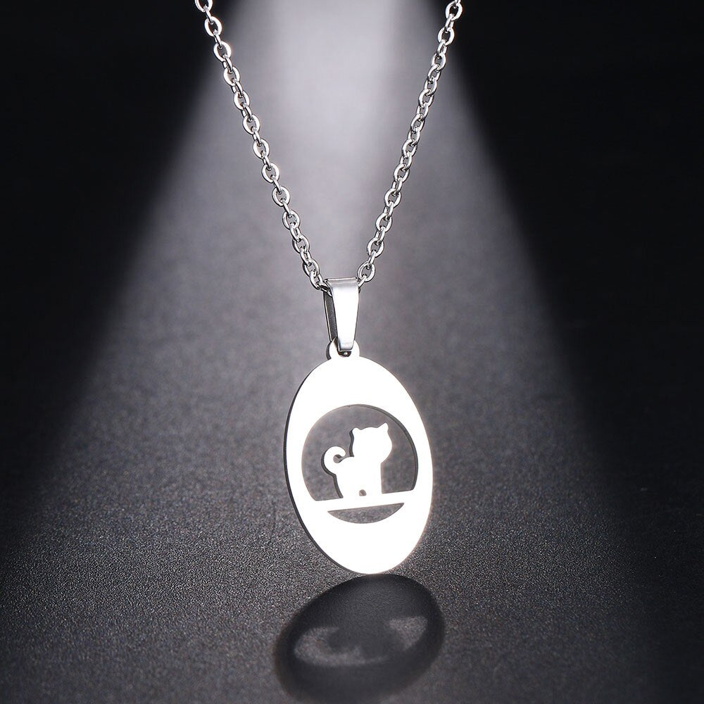 CACANA Stainless Steel Necklace For Women Man Thinking Cat Pendant Choker Necklace Engagement Jewelry