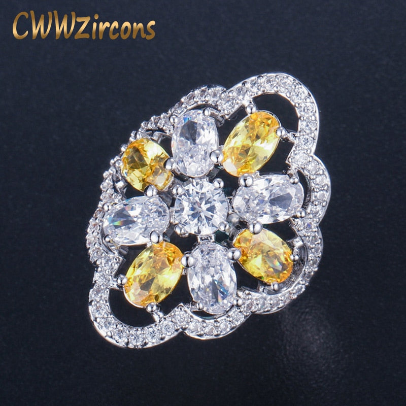 High Quality Silver Color Large Yellow Cubic Zircon Ring Jewelry For Women Engagement Party Cocktail Rings R051