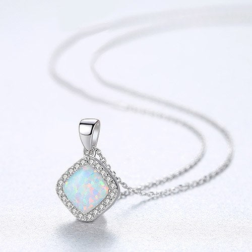 Genuine Sterling Silver Necklaces for Women Fine Jewellery Link Chain And Square Fire Opal Pendant Necklace Bijoux Femme