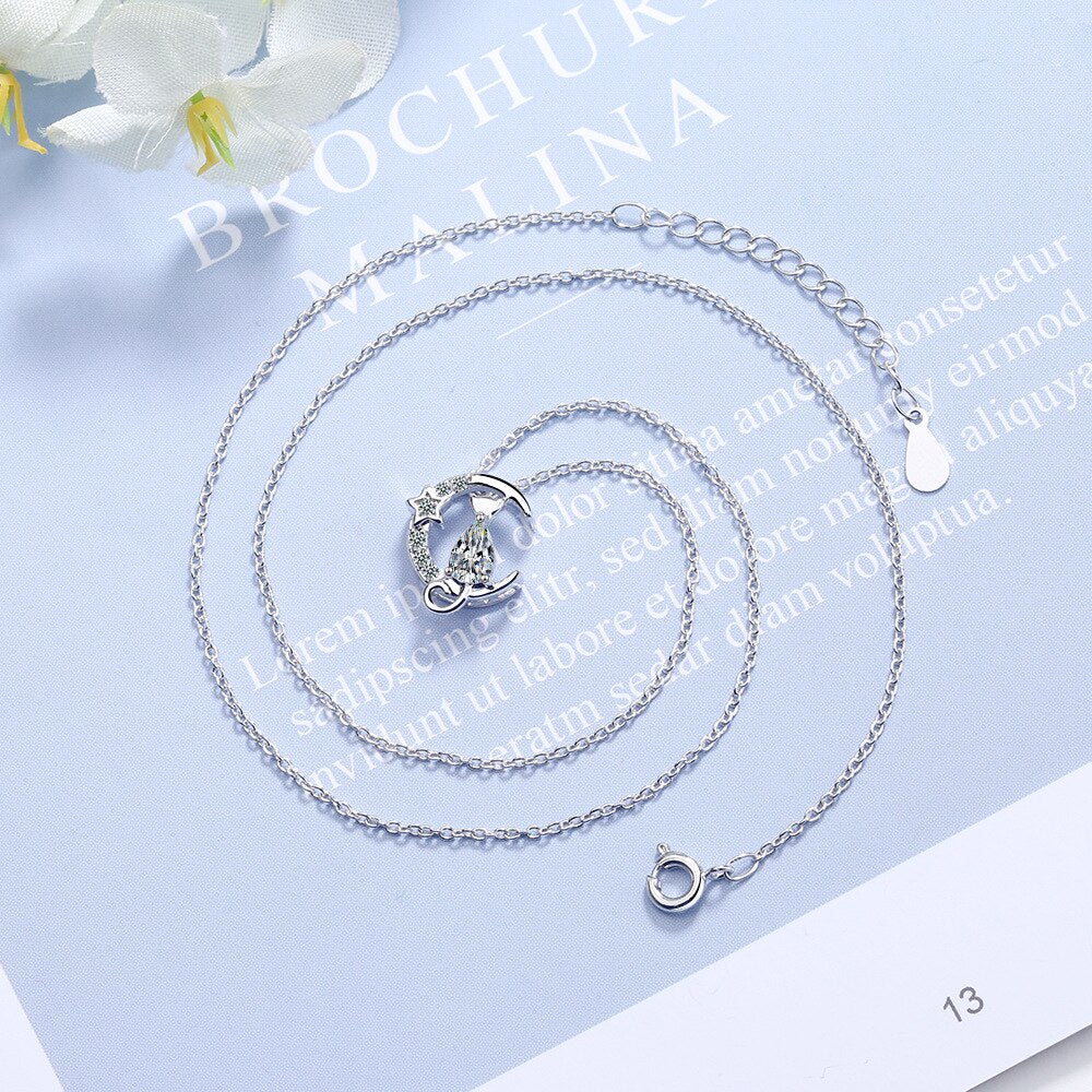 Cat Moon Pendants And Necklaces 925 Stamp Silver Color Zircon Necklace For Women  Wedding Jewelry 2022