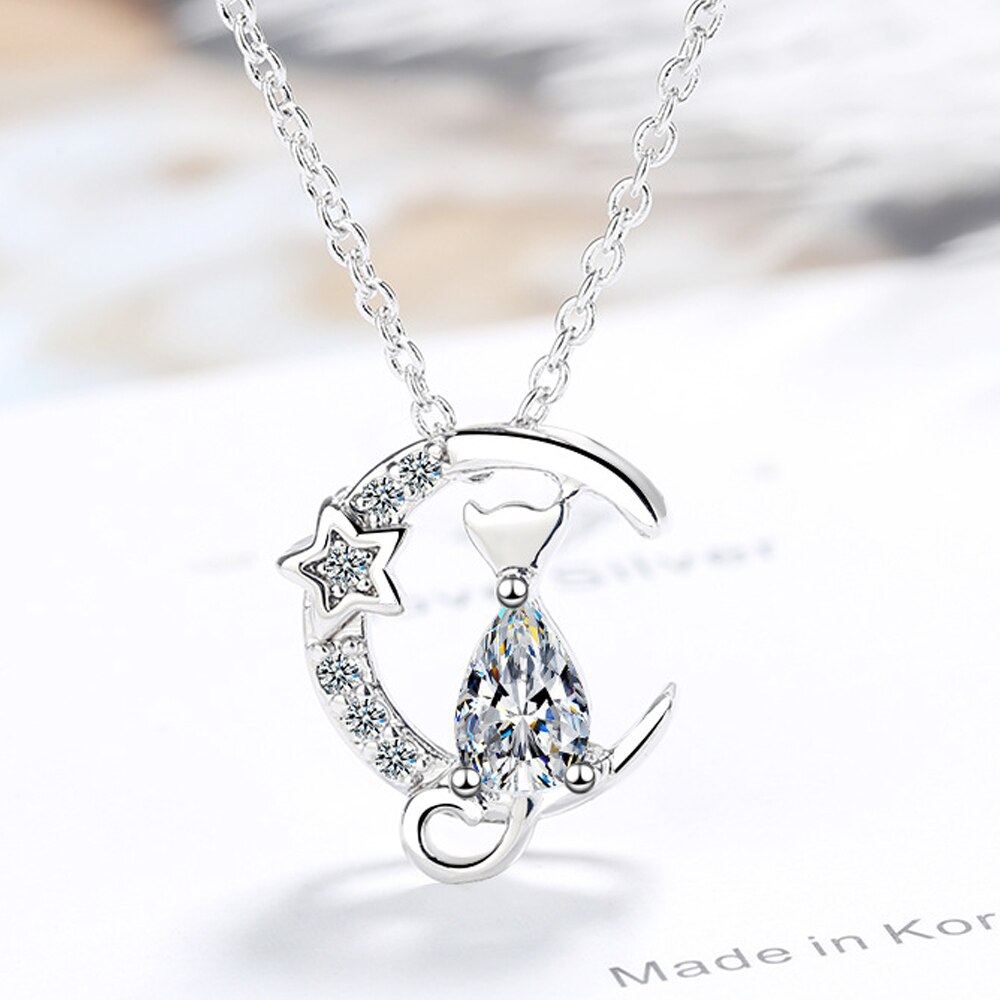 Cat Moon Pendants And Necklaces 925 Stamp Silver Color Zircon Necklace For Women  Wedding Jewelry 2022