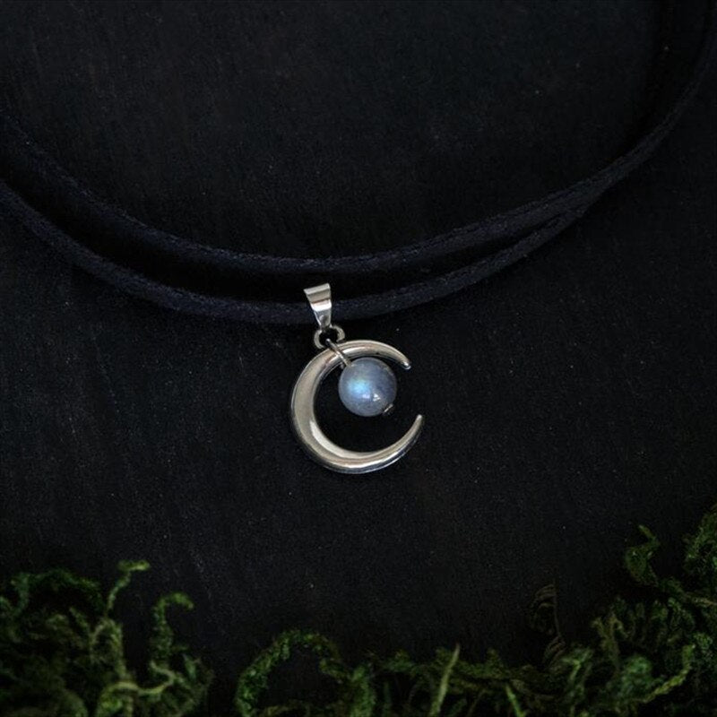 Celestial Crescent Pendant Necklace Choker Labradorite Inspired Gorgeous Jewelry Witchy Halfmoon Luna women Wedding gift