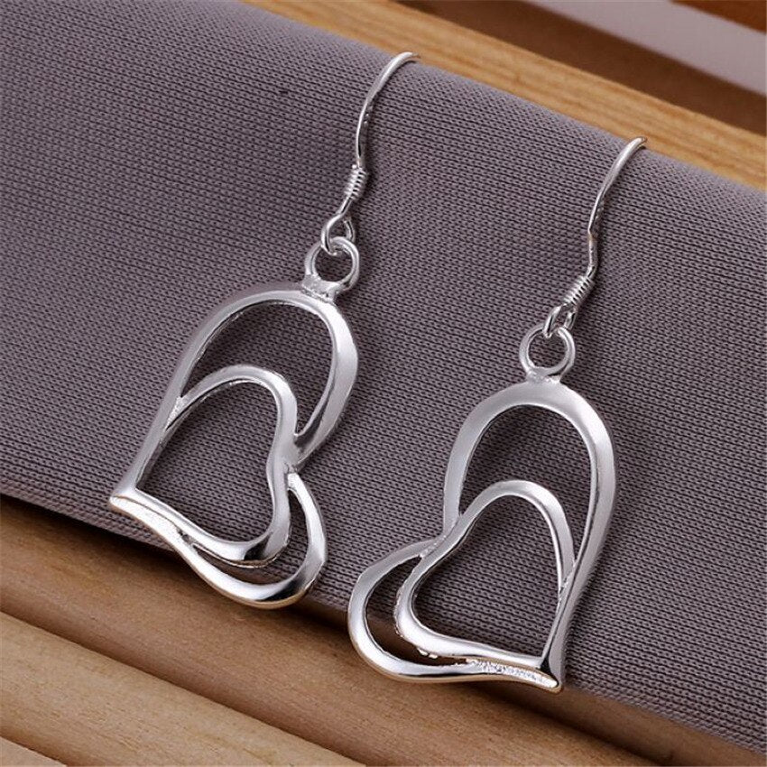 Charm romantic Double Heart 925 Sterling Silver earrings necklace Jewelry sets for women Party wedding Pretty gifts