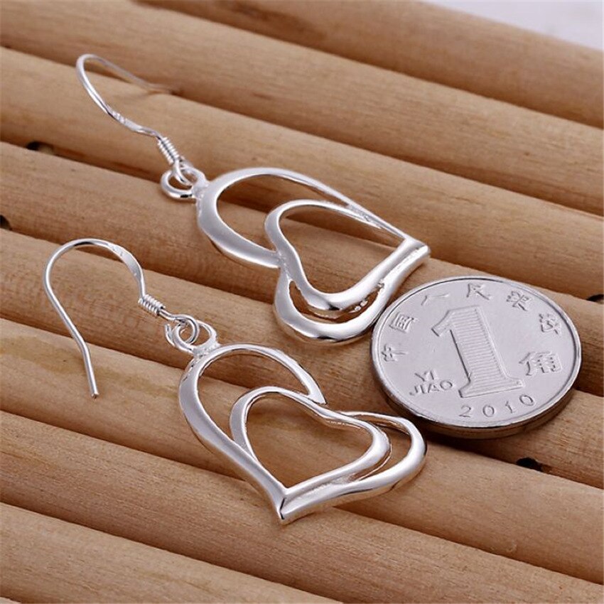 Charm romantic Double Heart 925 Sterling Silver earrings necklace Jewelry sets for women Party wedding Pretty gifts