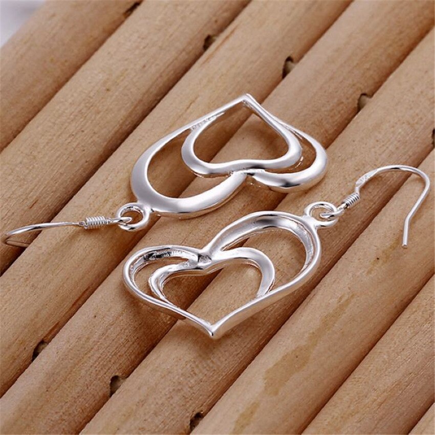 Charm romantic Double Heart 925 Sterling Silver earrings necklace Jewelry sets for women Party wedding Pretty gifts