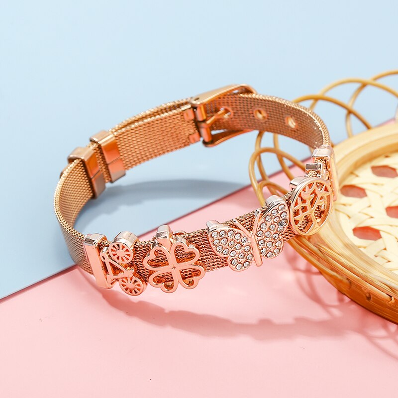 Classic Stainless Steel Watch Belt Mesh Bracelet Micro Pave CZ Crystal Butterfly Charm Bracelets Party Wedding Jewelry