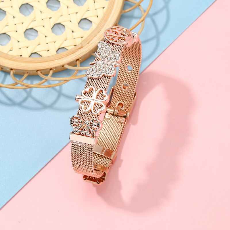 Classic Stainless Steel Watch Belt Mesh Bracelet Micro Pave CZ Crystal Butterfly Charm Bracelets Party Wedding Jewelry