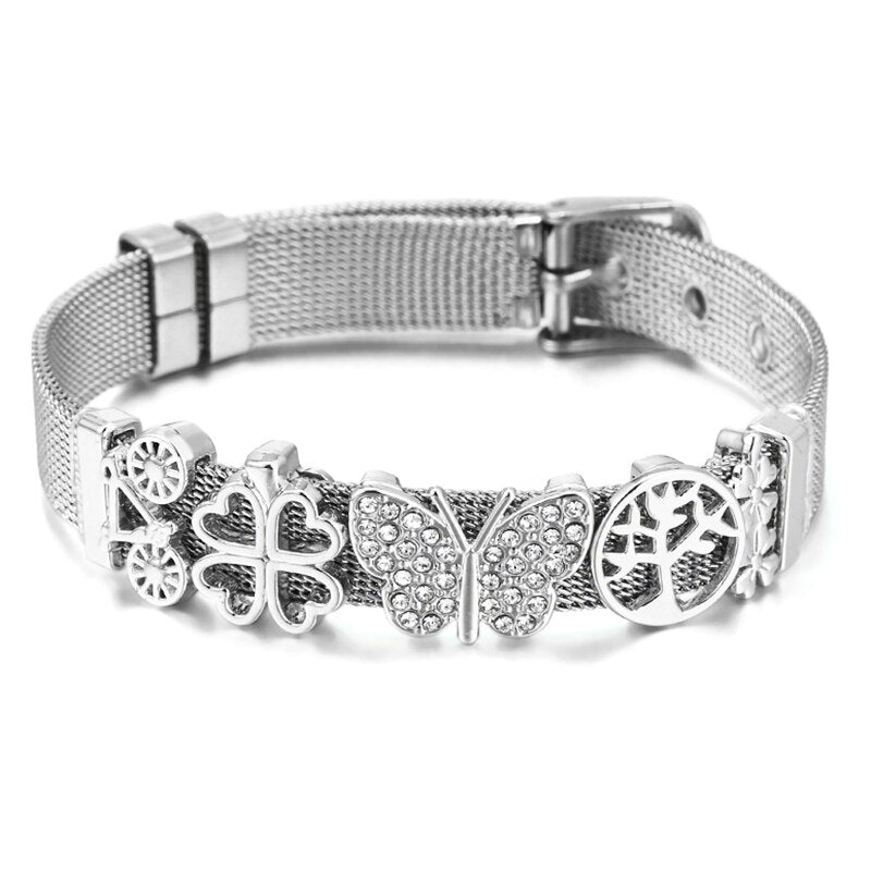 Classic Stainless Steel Watch Belt Mesh Bracelet Micro Pave CZ Crystal Butterfly Charm Bracelets Party Wedding Jewelry