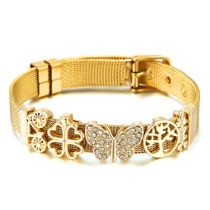 Classic Stainless Steel Watch Belt Mesh Bracelet Micro Pave CZ Crystal Butterfly Charm Bracelets Party Wedding Jewelry