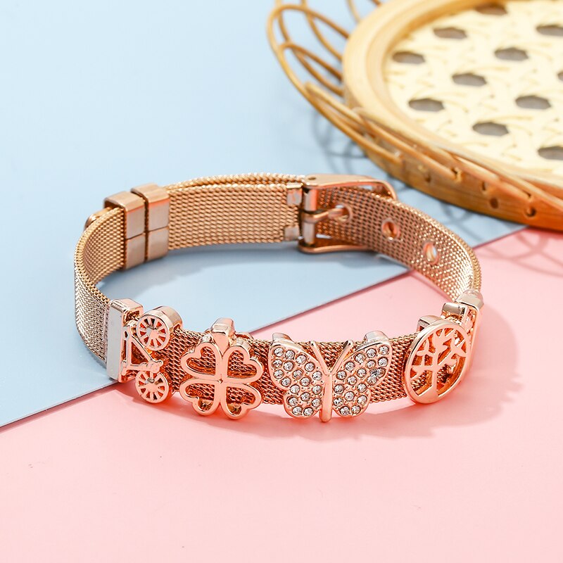 Classic Stainless Steel Watch Belt Mesh Bracelet Micro Pave CZ Crystal Butterfly Charm Bracelets Party Wedding Jewelry