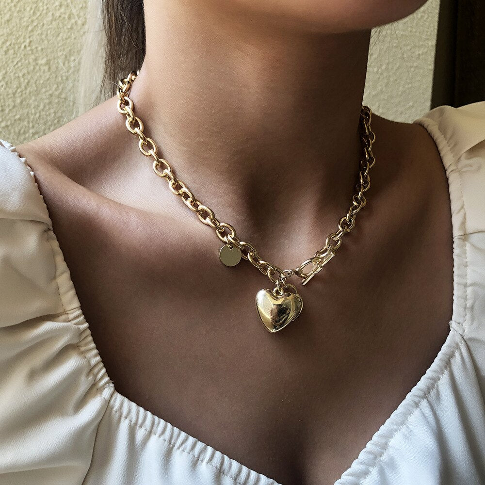 Layered Pearl Chunky Chain Necklace Punk Gold Color Heart Pendant Choker Necklace  Fashion Jewelry