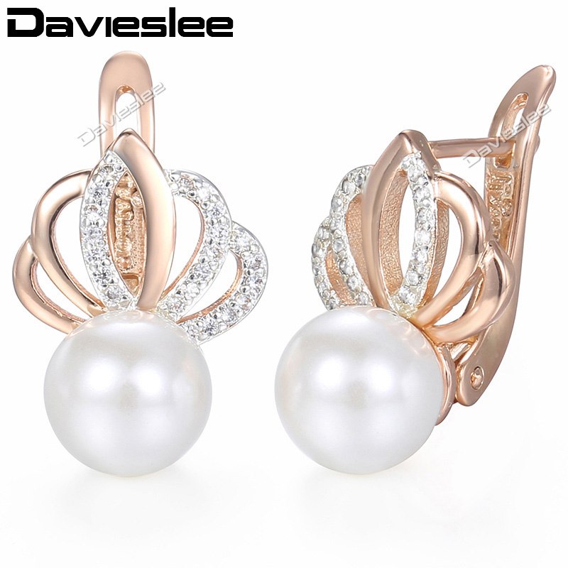 Pearl Stud Earrings For Women 585 Rose Gold Filled Rhinestones Crown Womens Stud Earring Fashion Jewelry Gift DGE150