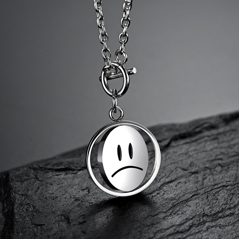 Double Sided smiley face pendant Necklaces For Women Korean Jewelry Rotatable Street stainless steel Couple Face Expression Gift