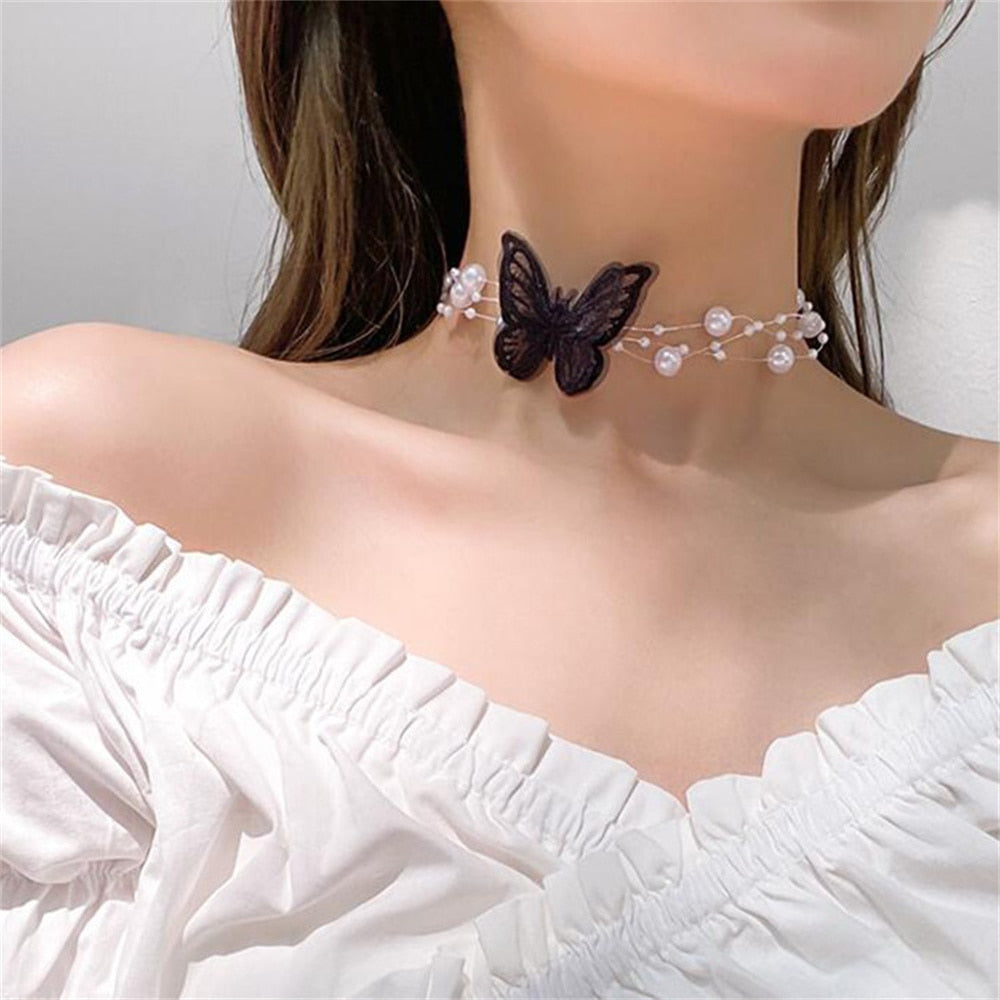Elegant Multilayer Pearl Choker Necklace Vintage Flower Butterfly Acrylic Chain Necklace For Women Wedding Jewelry Gift