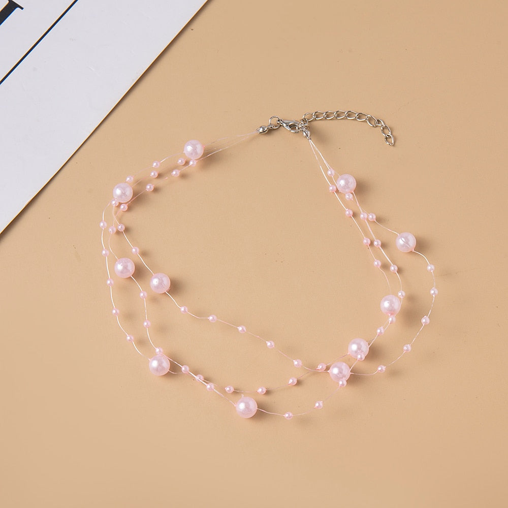 Elegant Multilayer Pearl Choker Necklace Vintage Flower Butterfly Acrylic Chain Necklace For Women Wedding Jewelry Gift