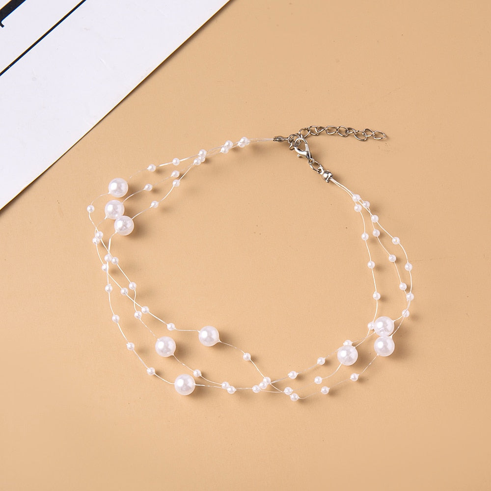 Elegant Multilayer Pearl Choker Necklace Vintage Flower Butterfly Acrylic Chain Necklace For Women Wedding Jewelry Gift
