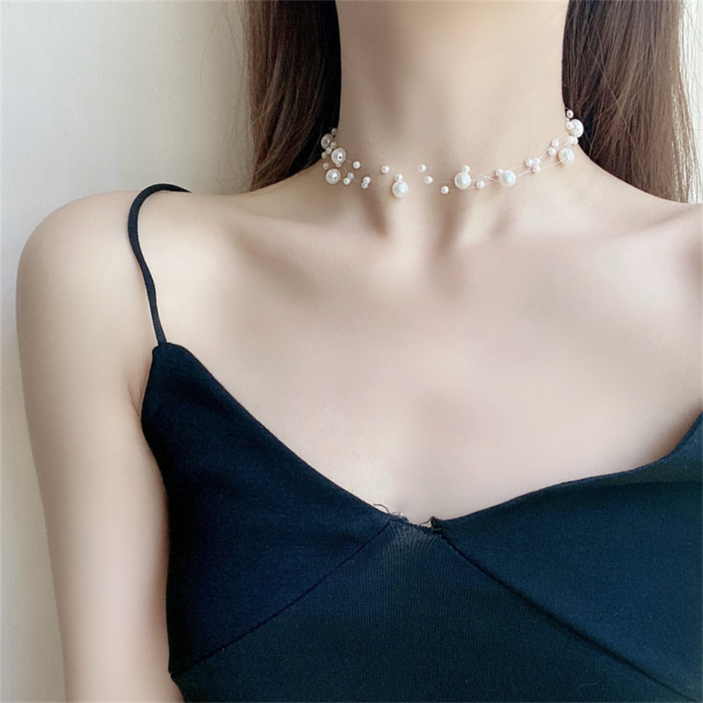 Elegant Multilayer Pearl Choker Necklace Vintage Flower Butterfly Acrylic Chain Necklace For Women Wedding Jewelry Gift