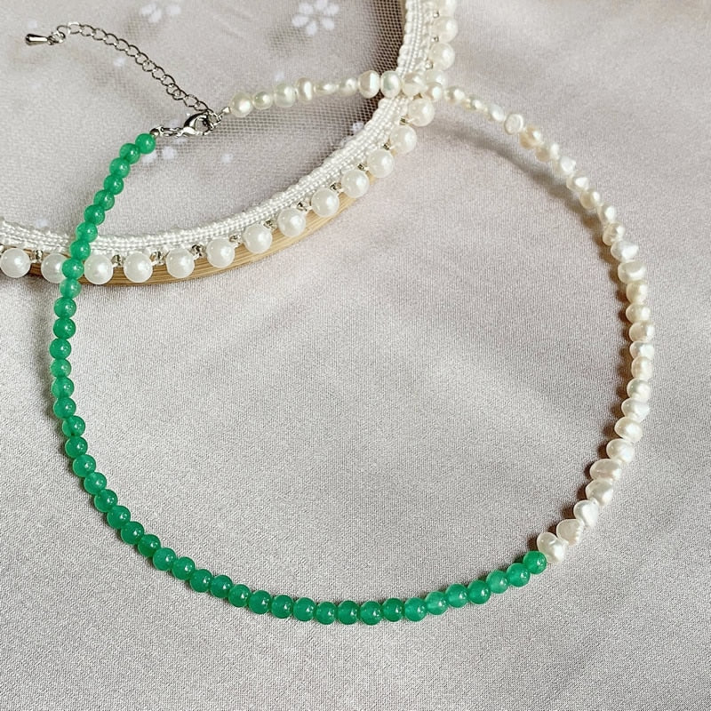 Elegant Natural Freshwater Pearl Necklace for Women Green Aventurine Stone Baoruqe Pearl Choker Wedding Jewelry Femme Collier