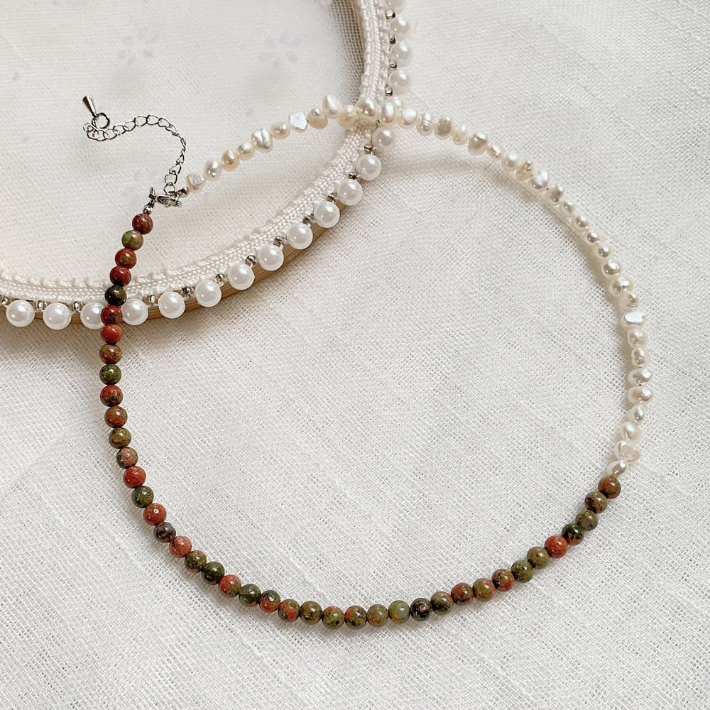 Elegant Natural Freshwater Pearl Necklace for Women Green Aventurine Stone Baoruqe Pearl Choker Wedding Jewelry Femme Collier