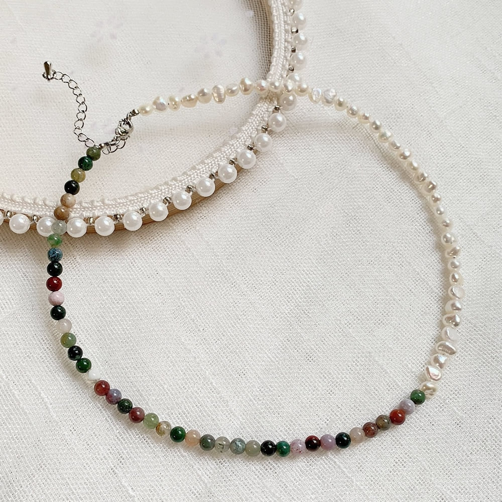 Elegant Natural Freshwater Pearl Necklace for Women Green Aventurine Stone Baoruqe Pearl Choker Wedding Jewelry Femme Collier