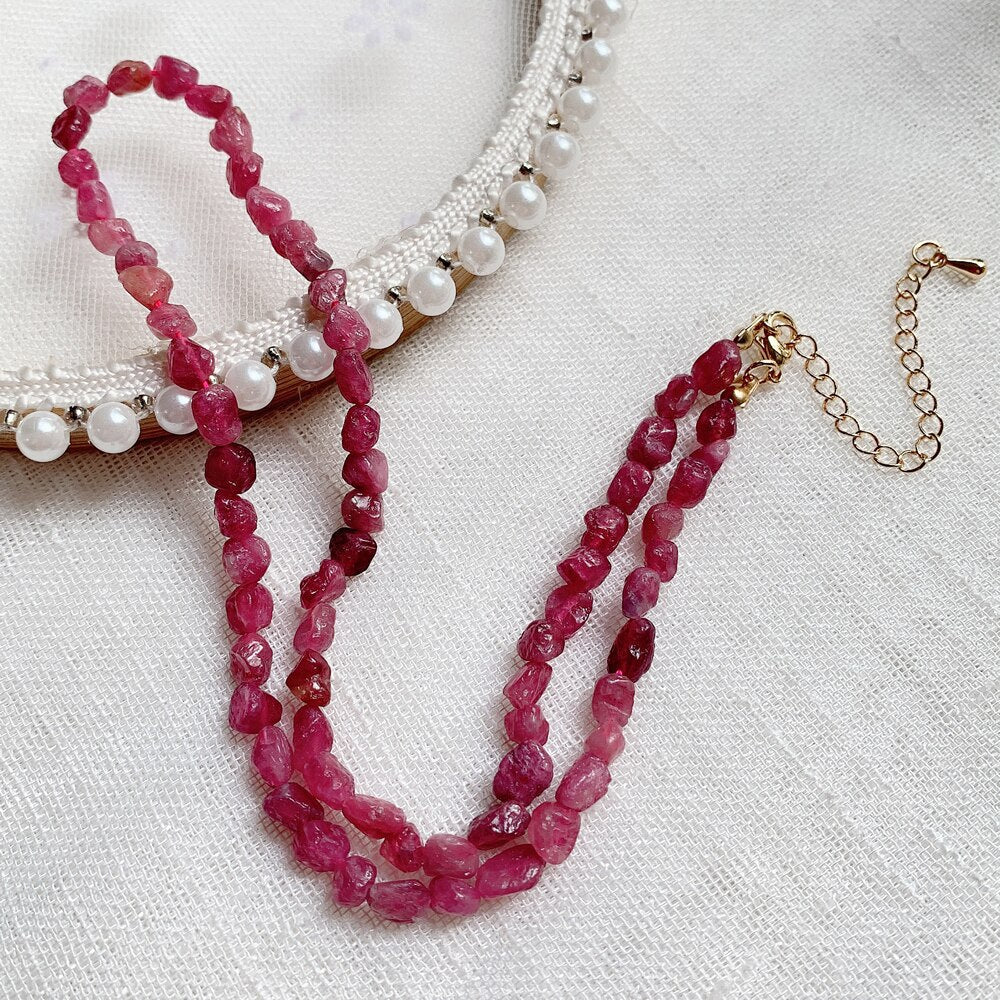 Elegant Natural Pink Tourmaline Necklace for Women Wedding Jewelry Irregular Raw Gravel Stone Rosy Crystal Choker Collier Femme