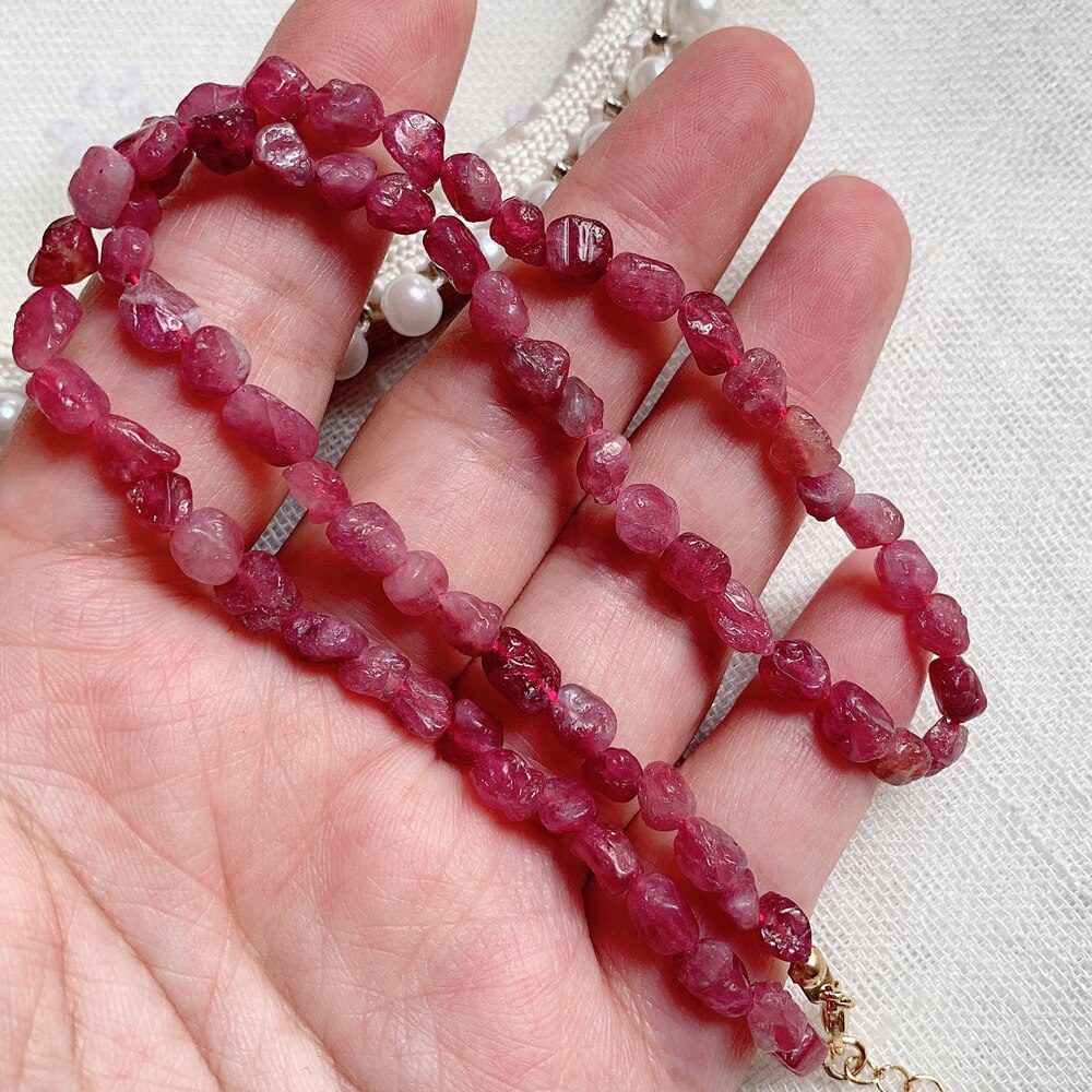 Elegant Natural Pink Tourmaline Necklace for Women Wedding Jewelry Irregular Raw Gravel Stone Rosy Crystal Choker Collier Femme