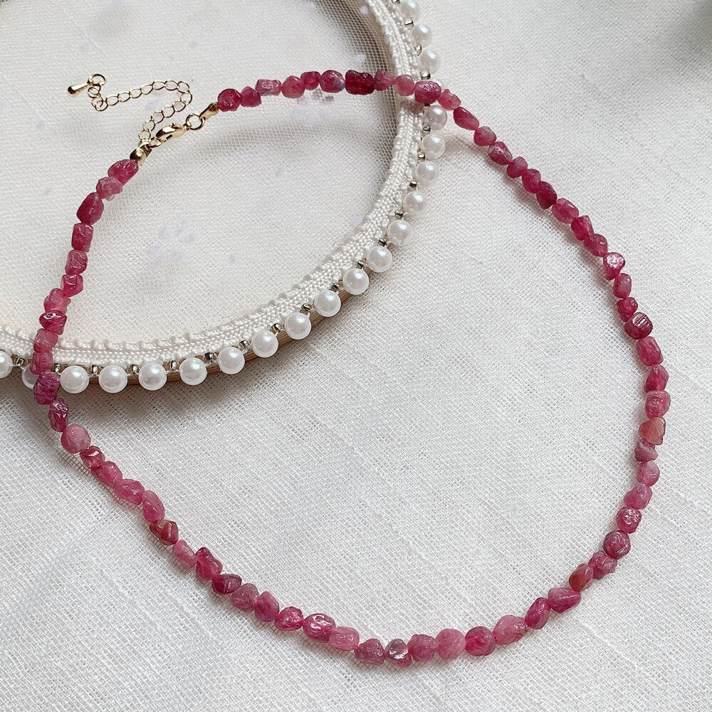 Elegant Natural Pink Tourmaline Necklace for Women Wedding Jewelry Irregular Raw Gravel Stone Rosy Crystal Choker Collier Femme