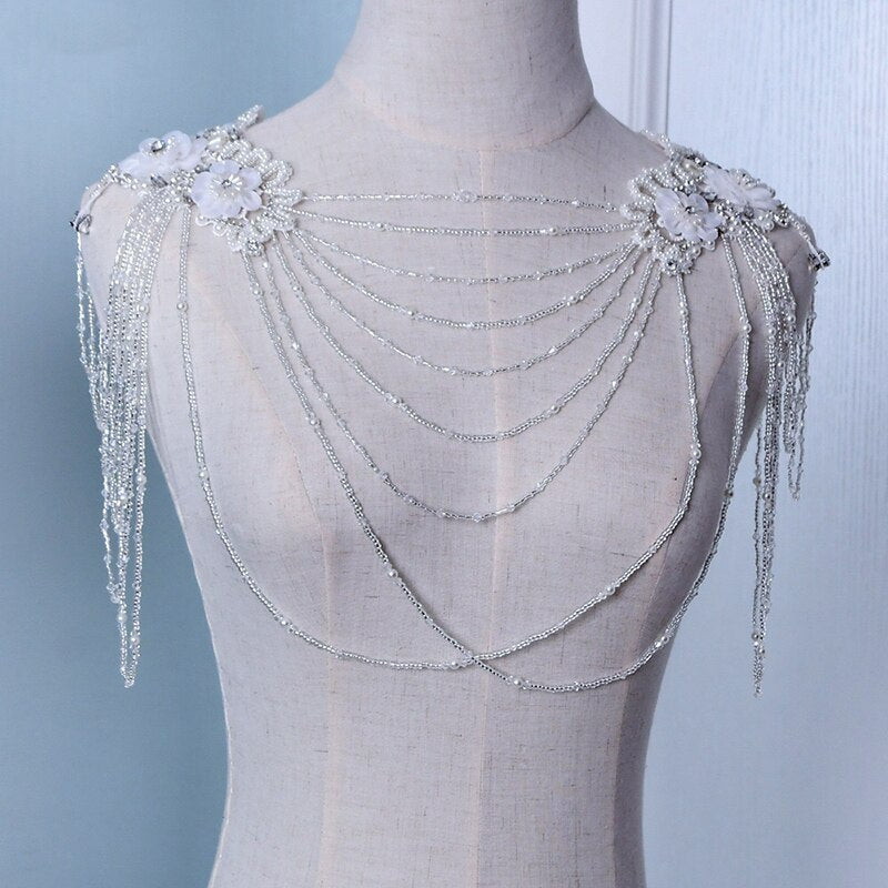 Elegant wedding dress pearl crystal shoulder chain jewelry flower lace beaded breast chain design woman tassel necklace accessor