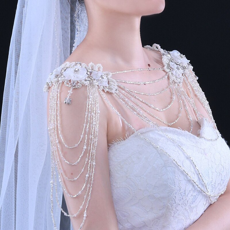 Elegant wedding dress pearl crystal shoulder chain jewelry flower lace beaded breast chain design woman tassel necklace accessor