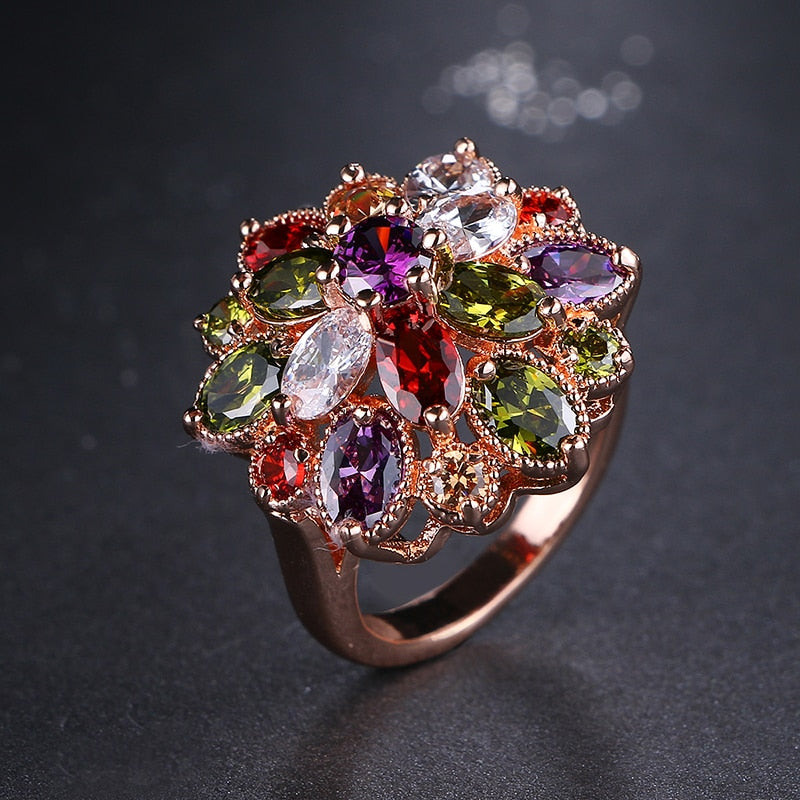 Unique Design Top Sale Rose Gold Color Colorful AAA Zircon Wedding bijoux Flower Rings Jewelry For Women Gift Party