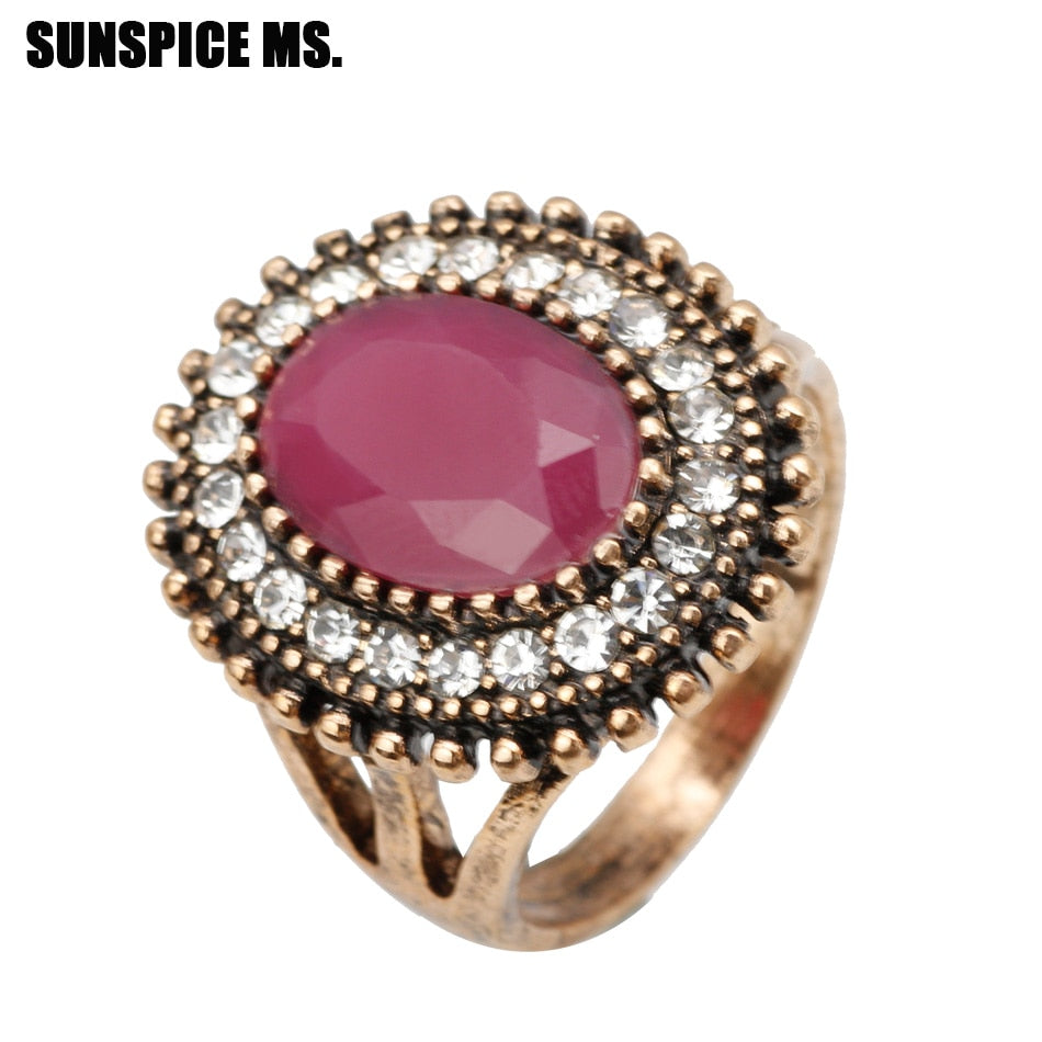 Ethnic Round Crystal Vintage Rings For Women Turkish Brand Design Antique Gold Color Bohemia Wedding Ring Jewelry Gifts 2020 New