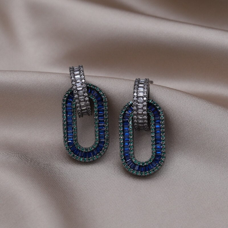 Europe America Jewelry  Copper Set Zircon Geometric Pendant Earrings Elegant Women Wedding Party Accessories