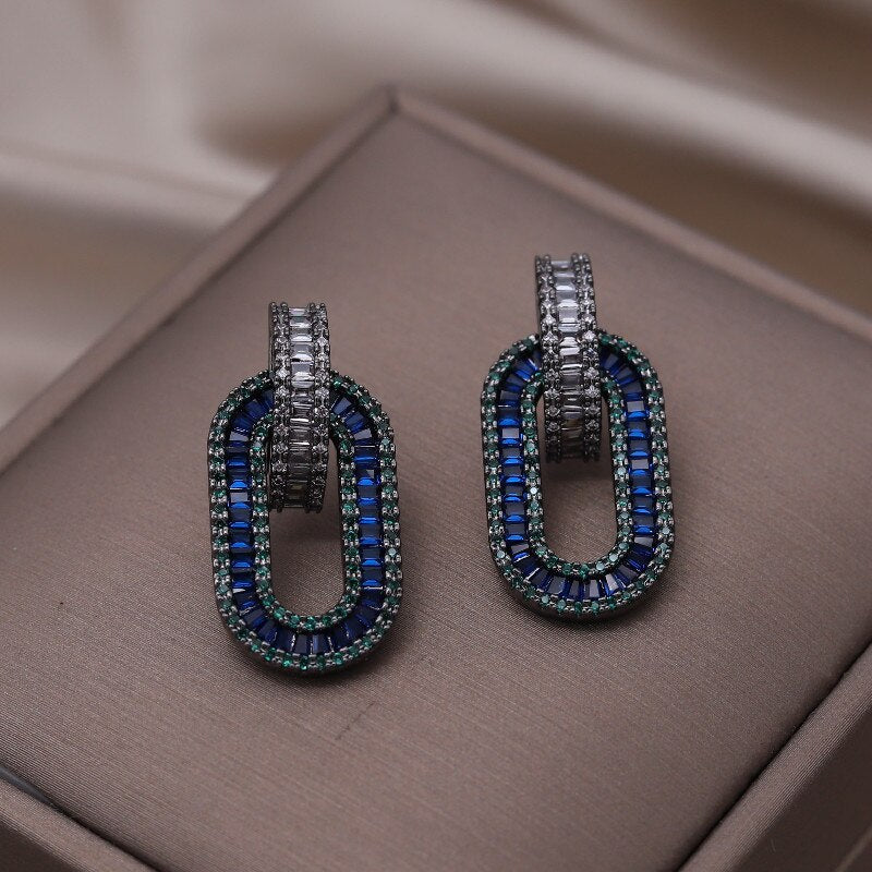 Europe America Jewelry  Copper Set Zircon Geometric Pendant Earrings Elegant Women Wedding Party Accessories