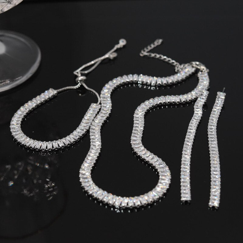 Europe America Jewelry  Full Square Zircon Earrings Necklace Bracelet Elegant Women Wedding Party Accessories