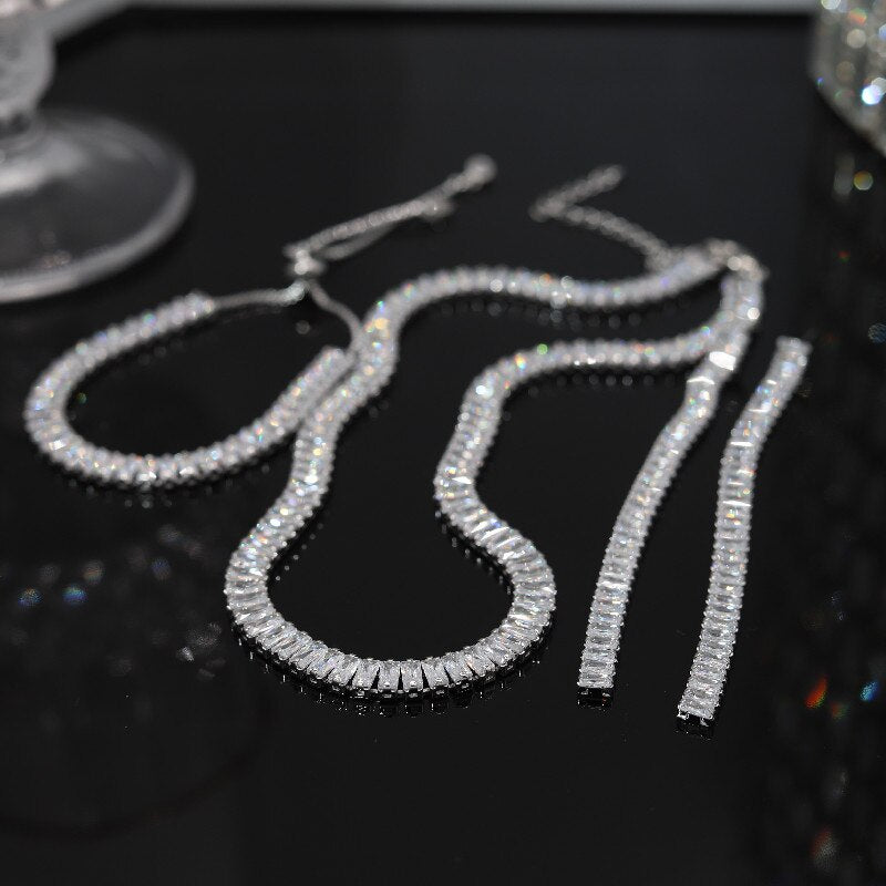 Europe America Jewelry  Full Square Zircon Earrings Necklace Bracelet Elegant Women Wedding Party Accessories