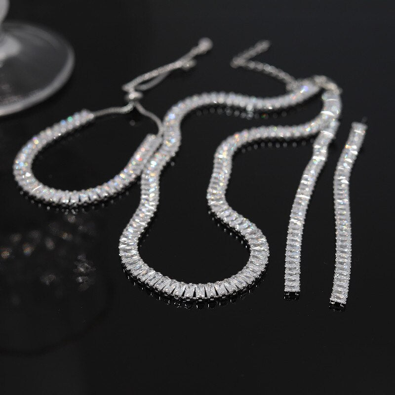 Europe America Jewelry  Full Square Zircon Earrings Necklace Bracelet Elegant Women Wedding Party Accessories