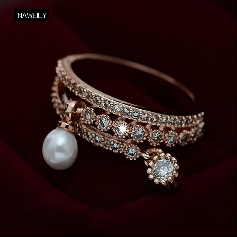 Exquisite Zircon Simulated Pearl Rings Brand Design Ring Gold Silver Color Fashion Jewelry Gift For Women Bijoux NWLJW132
