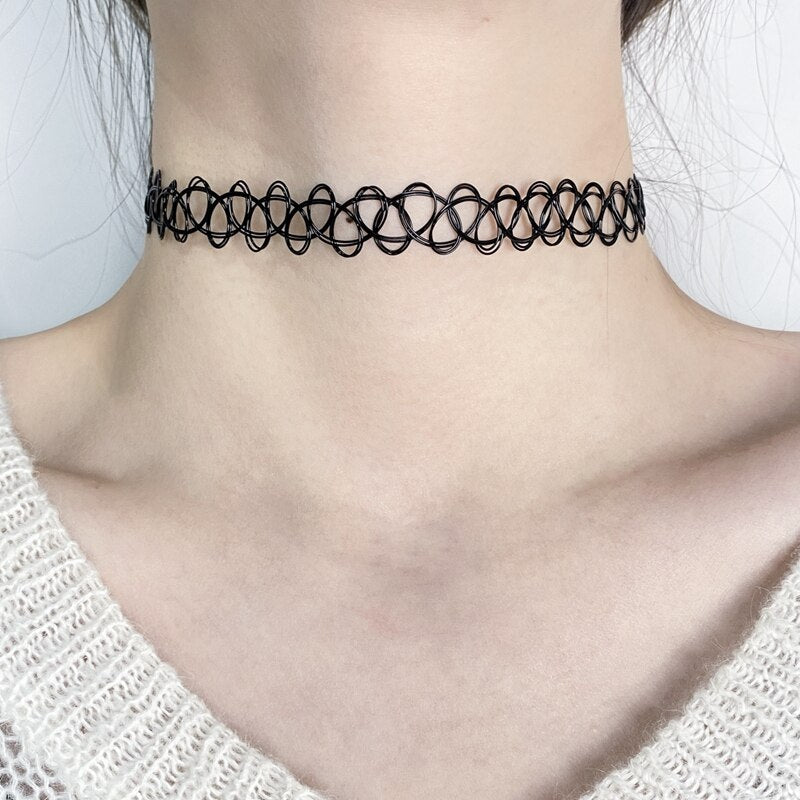 FAMSHIN 12PCS Sell Vintage Hippy Stretch Tattoo Choker Necklace Elasti