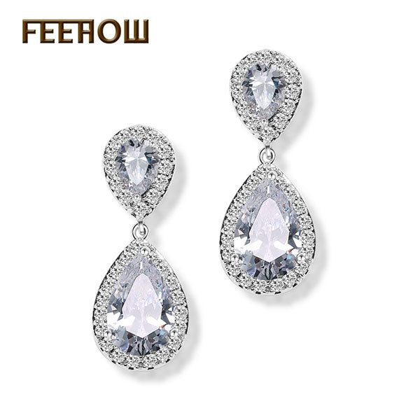 Fashion Elegant Bridal Jewelry Rose Gold Color Teardrop Cubic Zircon Drop Earrings For Women Wedding Party FWEP091