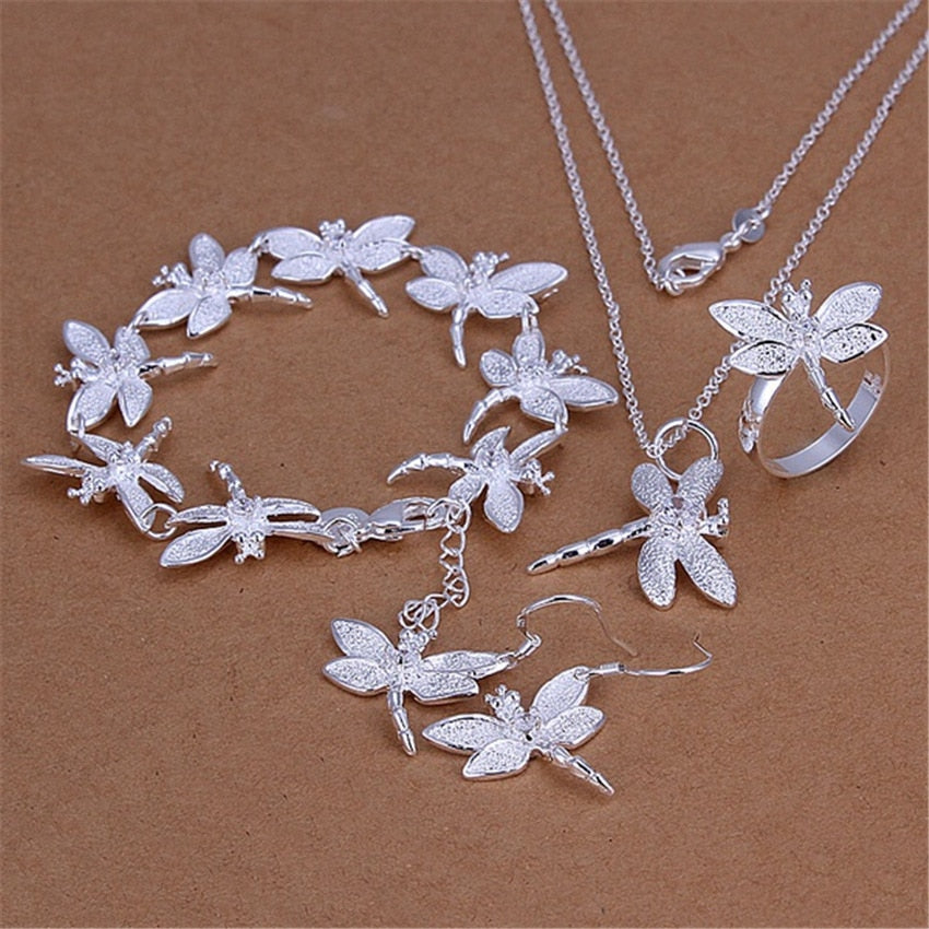 925 Sterling Silver Crystal Pretty dragonfly pendant necklace earring bracelet rings for women Jewelry set charm gifts
