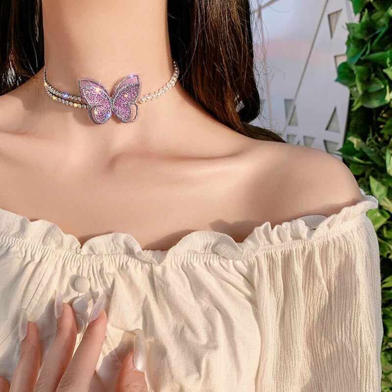 Chinese Style Butterfly Necklaces Women Shiny Wedding Jewelry Design Elegant Charm Vintage Multilayer Clavicle Chain