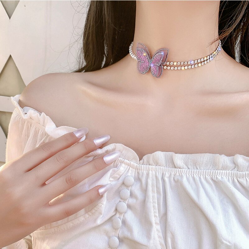 Chinese Style Butterfly Necklaces Women Shiny Wedding Jewelry Design Elegant Charm Vintage Multilayer Clavicle Chain