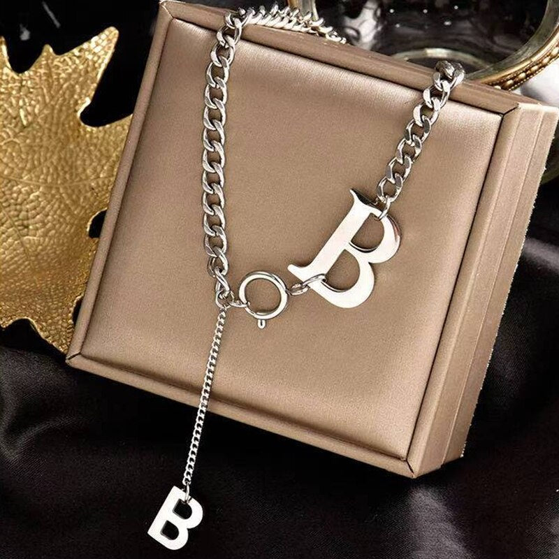 Gold Color Good Luck Letter B Pendant Cord Chokers Necklace for Women Vintage Wedding Jewelry Stainless Steel