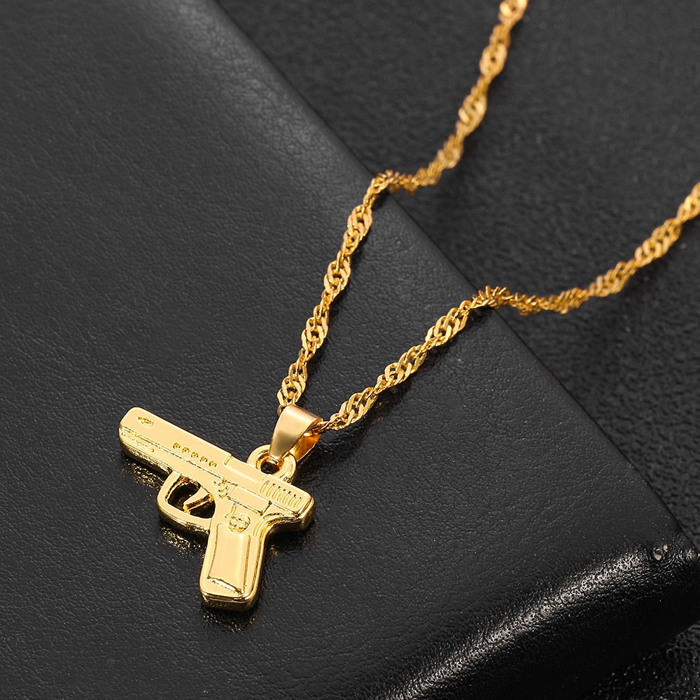 Mens Boys Necklaces Hand Pistol Gun Pendant Necklace Men Biker Black Gold-color Hip Hop Colar Jewelry