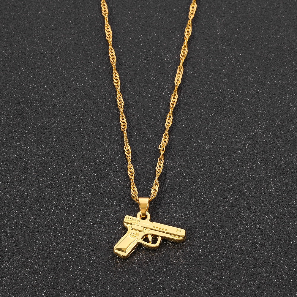 Mens Boys Necklaces Hand Pistol Gun Pendant Necklace Men Biker Black Gold-color Hip Hop Colar Jewelry