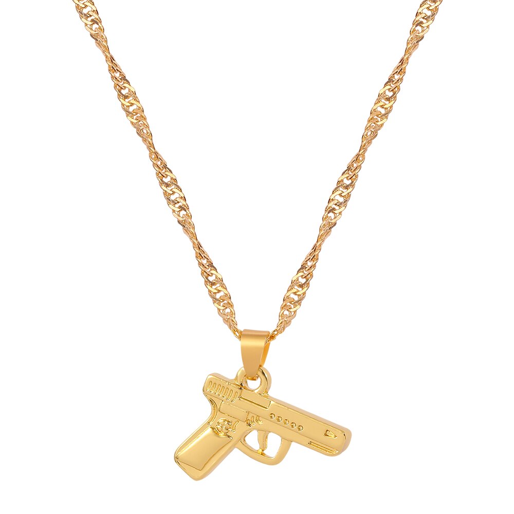 Mens Boys Necklaces Hand Pistol Gun Pendant Necklace Men Biker Black Gold-color Hip Hop Colar Jewelry