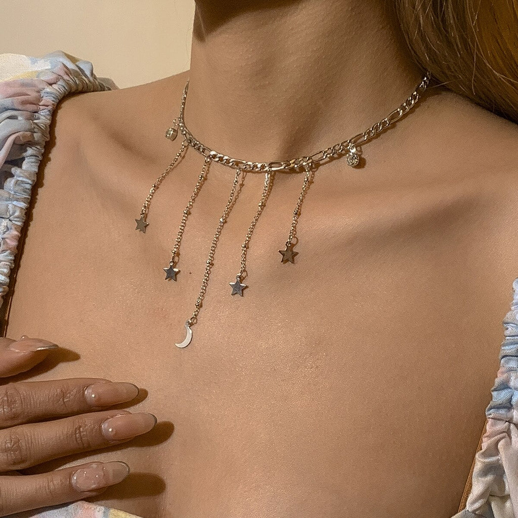 Multilayer Bohemia Women Gold Color Crystals Moon Star Charming Statement Chain Choker Necklaces Wedding Jewelry