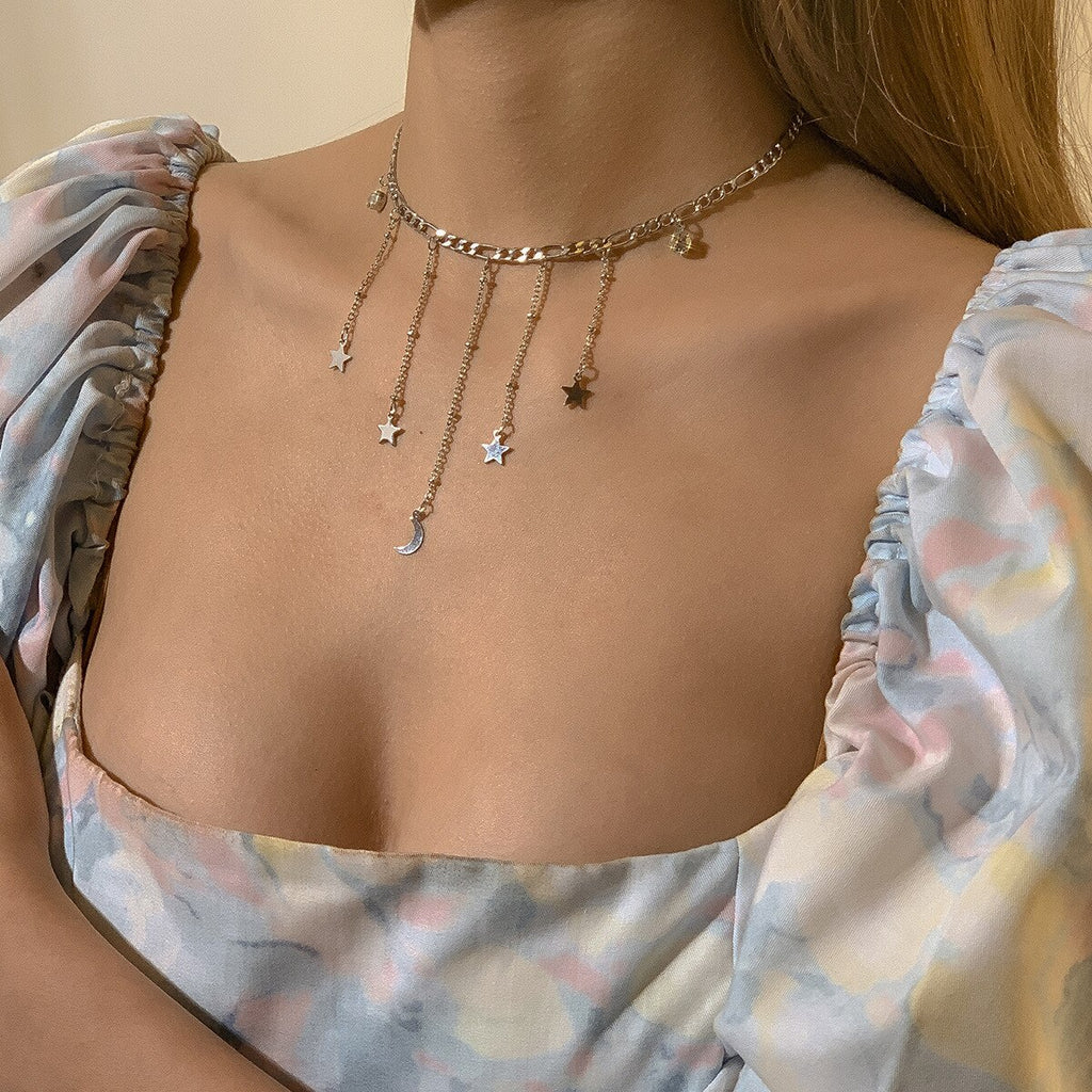 Multilayer Bohemia Women Gold Color Crystals Moon Star Charming Statement Chain Choker Necklaces Wedding Jewelry